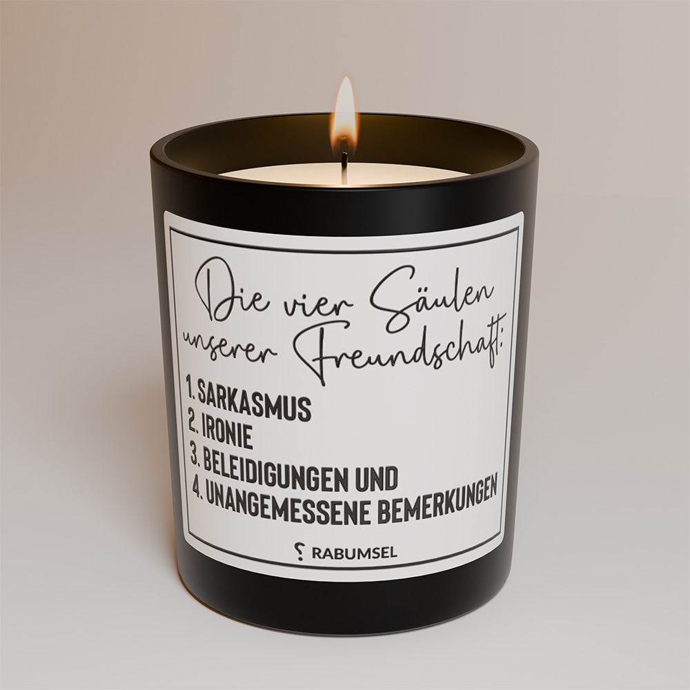 Die vier Säulen unserer Freundschaft: Sarkasmus, Ironie, Beleidigungen und unangemessene Bemerkungen - Duftkerze